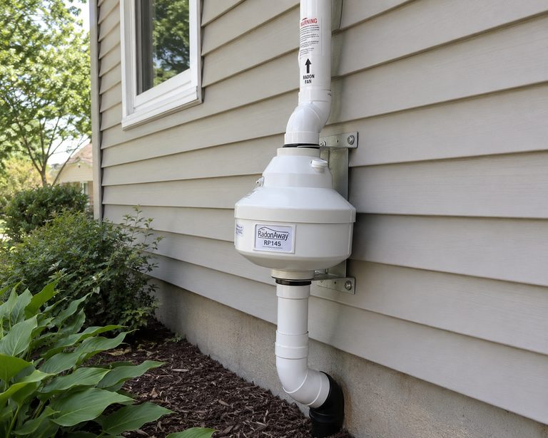 Exterior radon mitigation fan and PVC venting installed on the side of a home